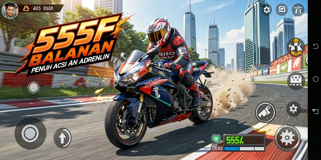 Screenshot gameplay 555F menampilkan aksi balapan motor yang mendebarkan.