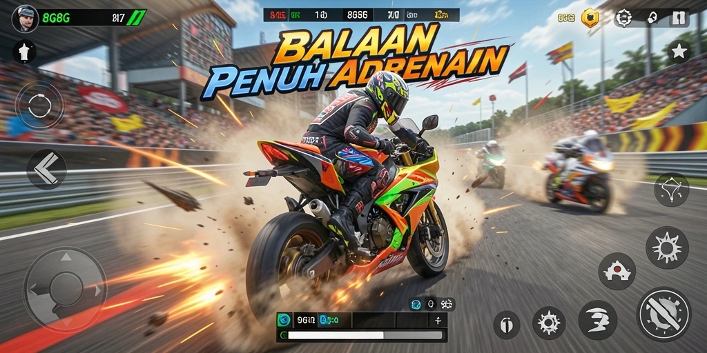 Screenshot gameplay <strong>8G8G</strong> yang menampilkan balapan motor yang seru.
