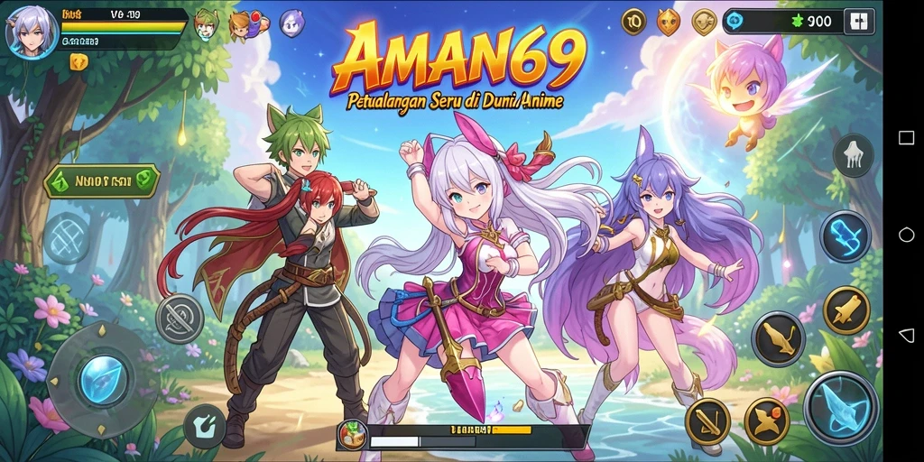 Tampilan gameplay seru AMAN69 dengan karakter anime yang hidup.