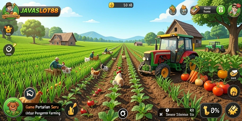 Tampilan gameplay JAVASLOT88 dengan latar pertanian yang indah.