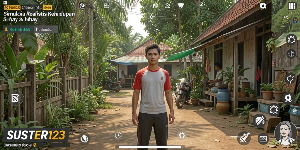 Screenshot utama SUSTER123 menampilkan gameplay simulasi kehidupan sehari-hari.